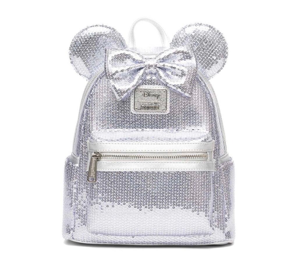 Loungefly Disney Minnie Mouse Platinum Sequin Mini Backpack Exclusive NWT
